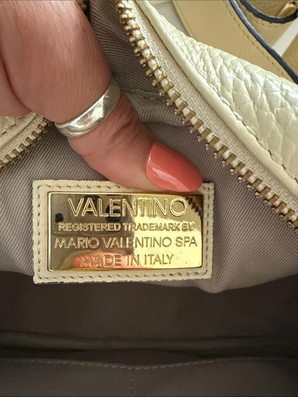 Valentino Cream Pebbled Leather Crossbody with Pearl V Logo - Authentic